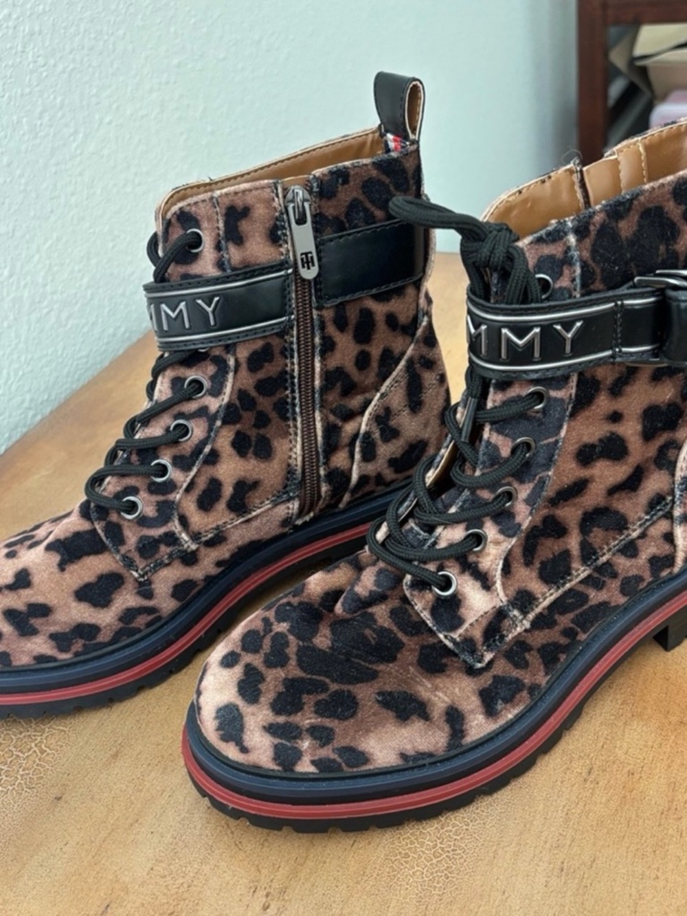 Tommy Hilfiger Leopard Print Lace-Up Ankle Boots with Black Trim